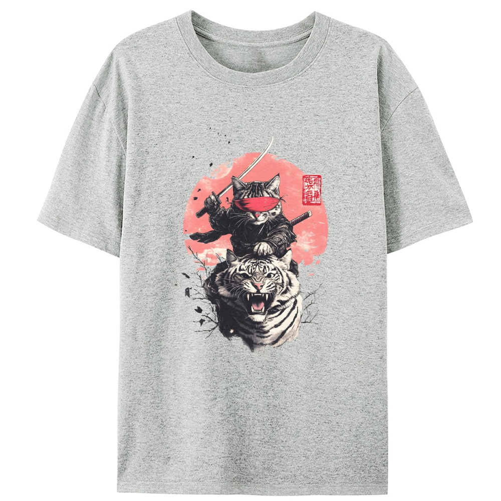 Ninja Cat on Tiger Retro Designed for Women - Slim Fit Cotton Tee
