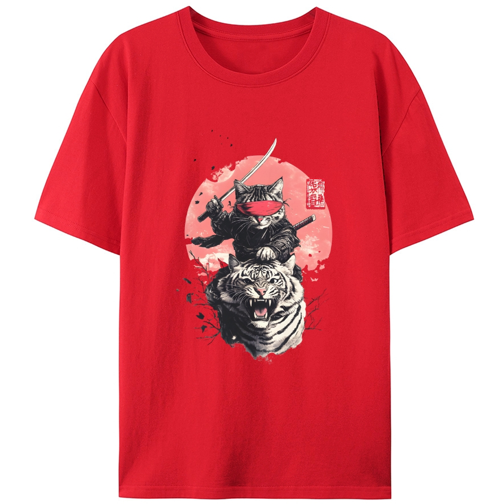 Ninja Cat on Tiger Retro Designed for Women - Slim Fit Cotton Tee