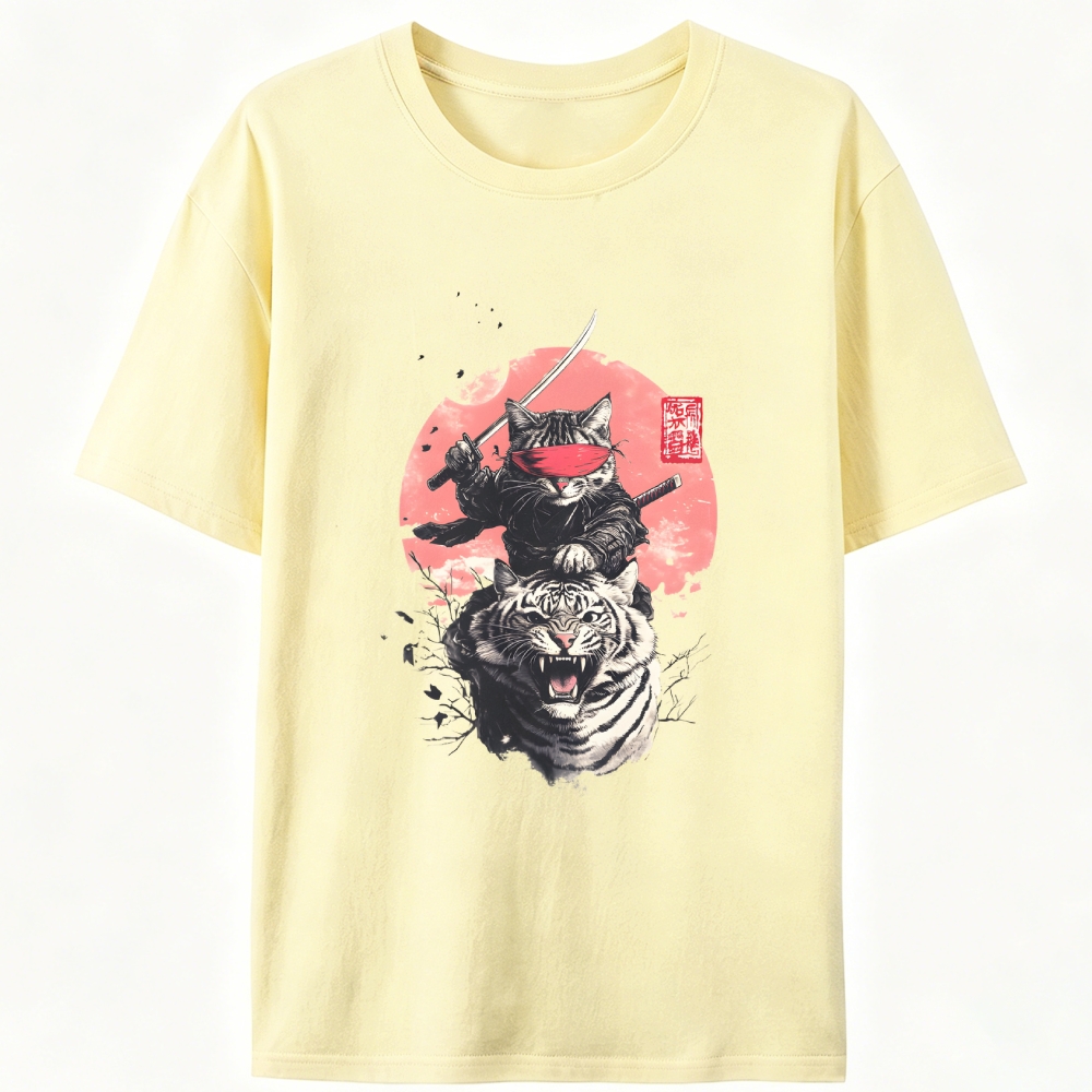 Ninja Cat on Tiger Retro Designed for Women - Slim Fit Cotton Tee