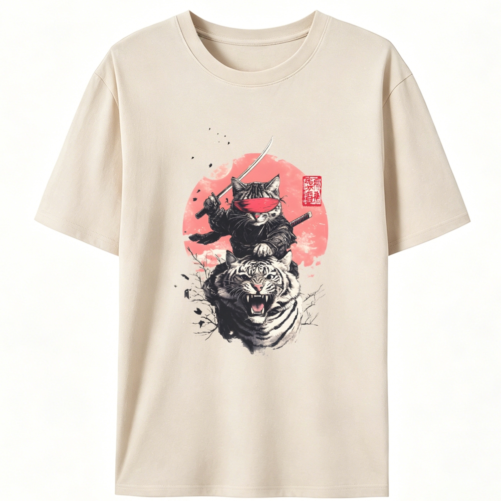 Ninja Cat on Tiger Retro Designed for Women - Slim Fit Cotton Tee