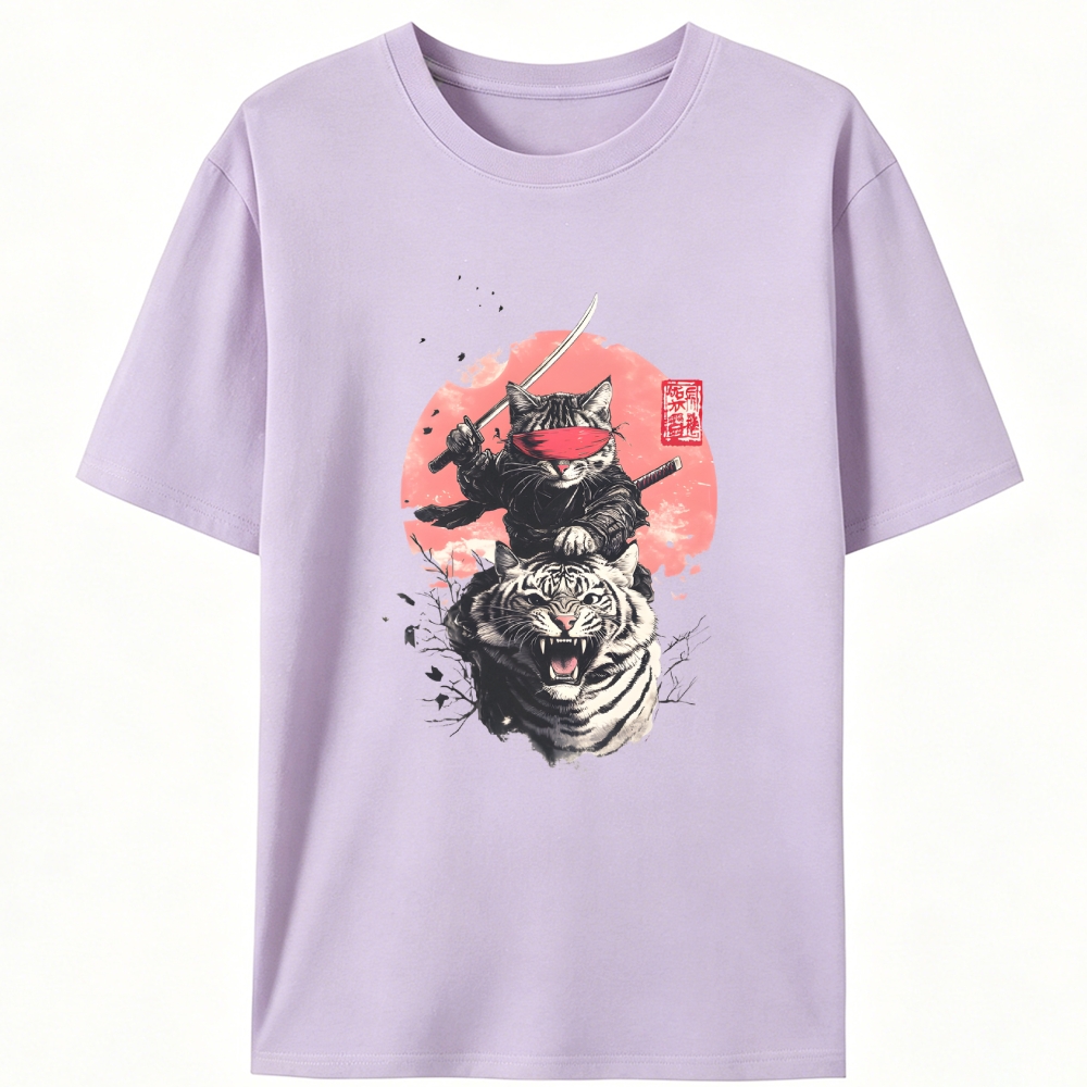 Ninja Cat on Tiger Retro Designed for Women - Slim Fit Cotton Tee