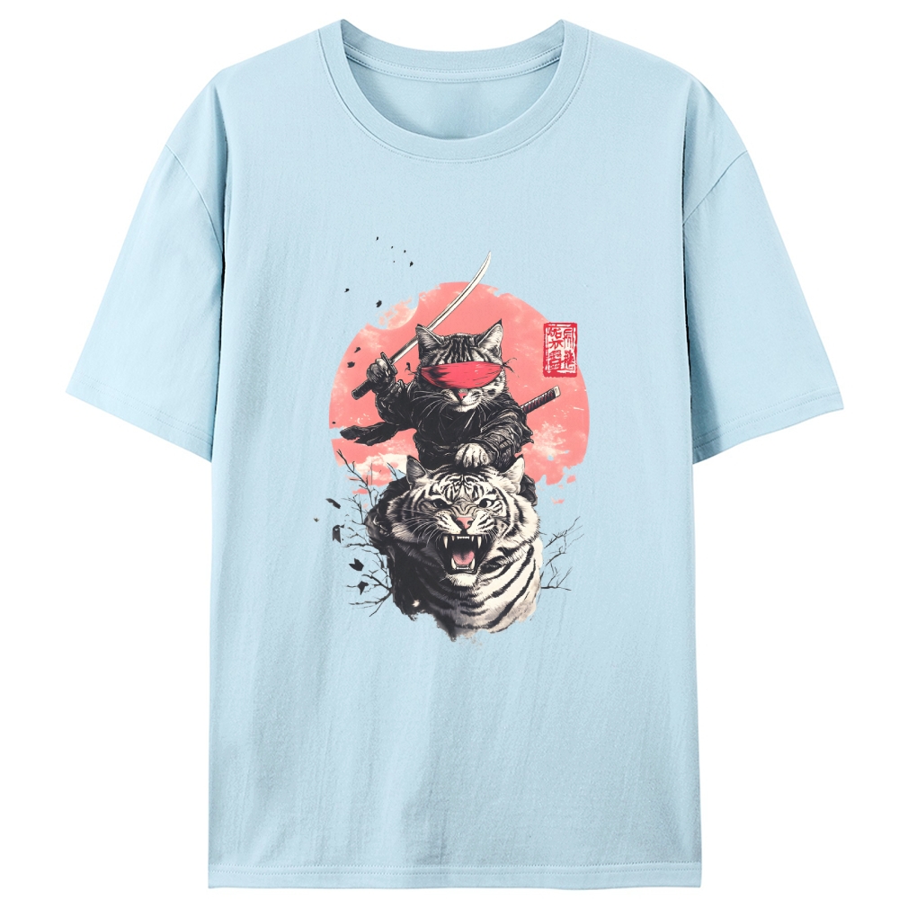 Ninja Cat on Tiger Retro Designed for Women - Slim Fit Cotton Tee