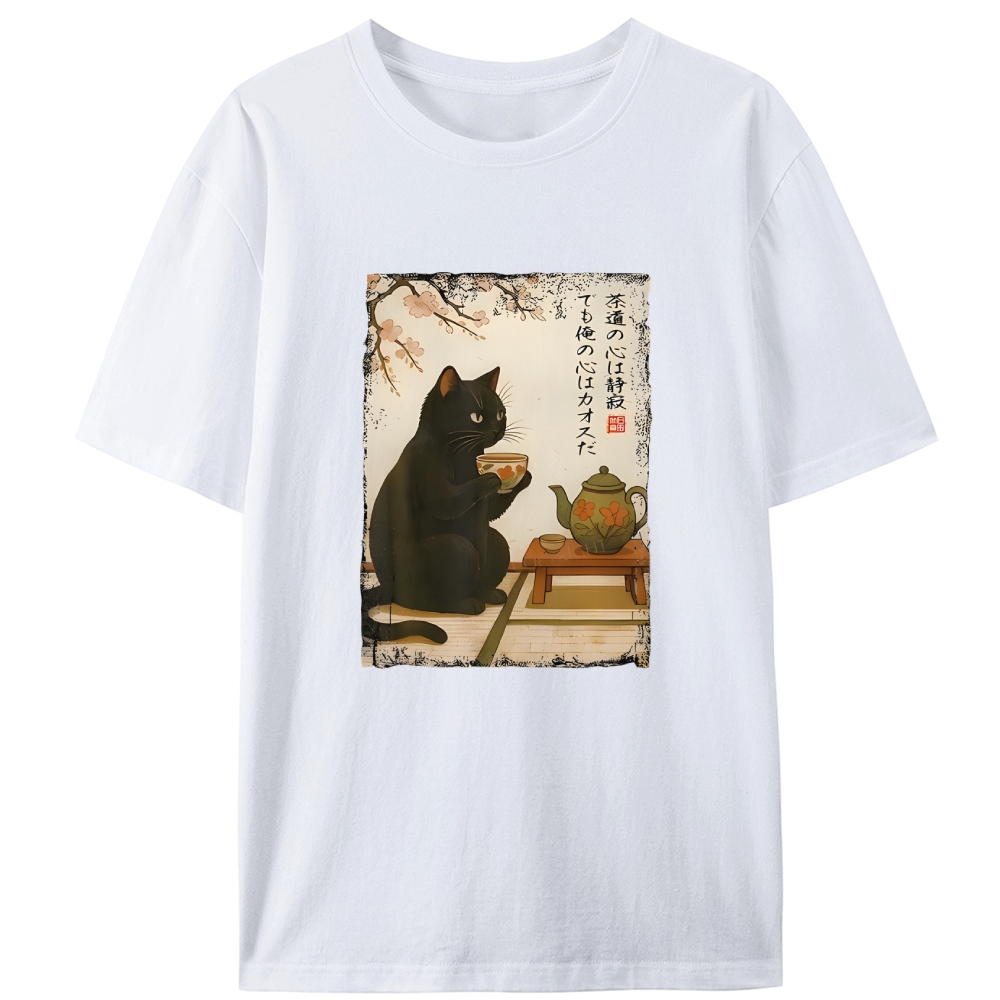 Tea Ceremony Black Cat Retro Designed for Women - Slim Fit Cotton Tee