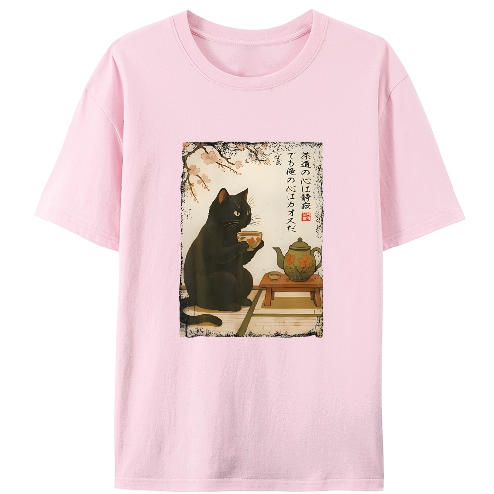 Tea Ceremony Black Cat Retro Designed for Women - Slim Fit Cotton Tee