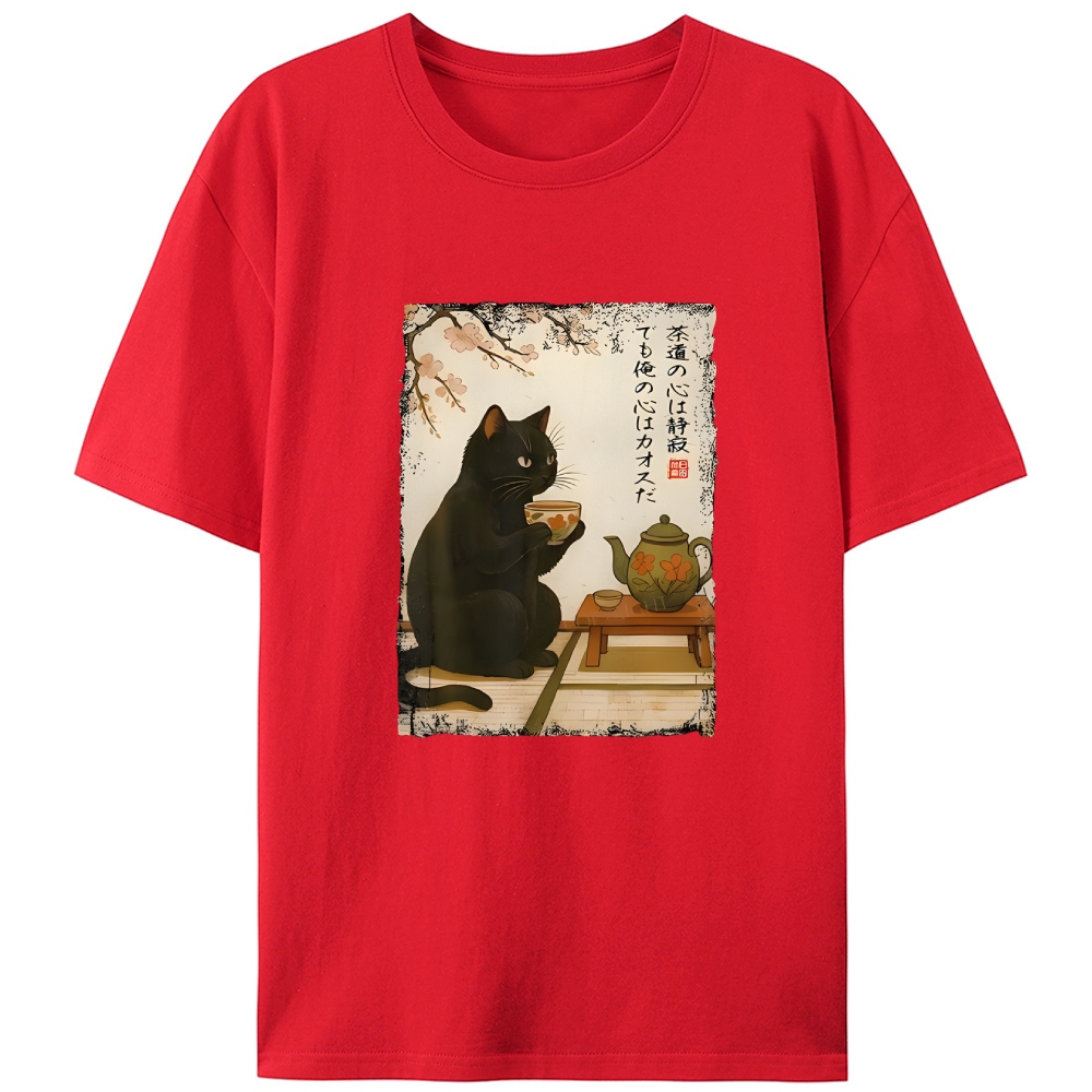 Tea Ceremony Black Cat Retro Designed for Women - Slim Fit Cotton Tee