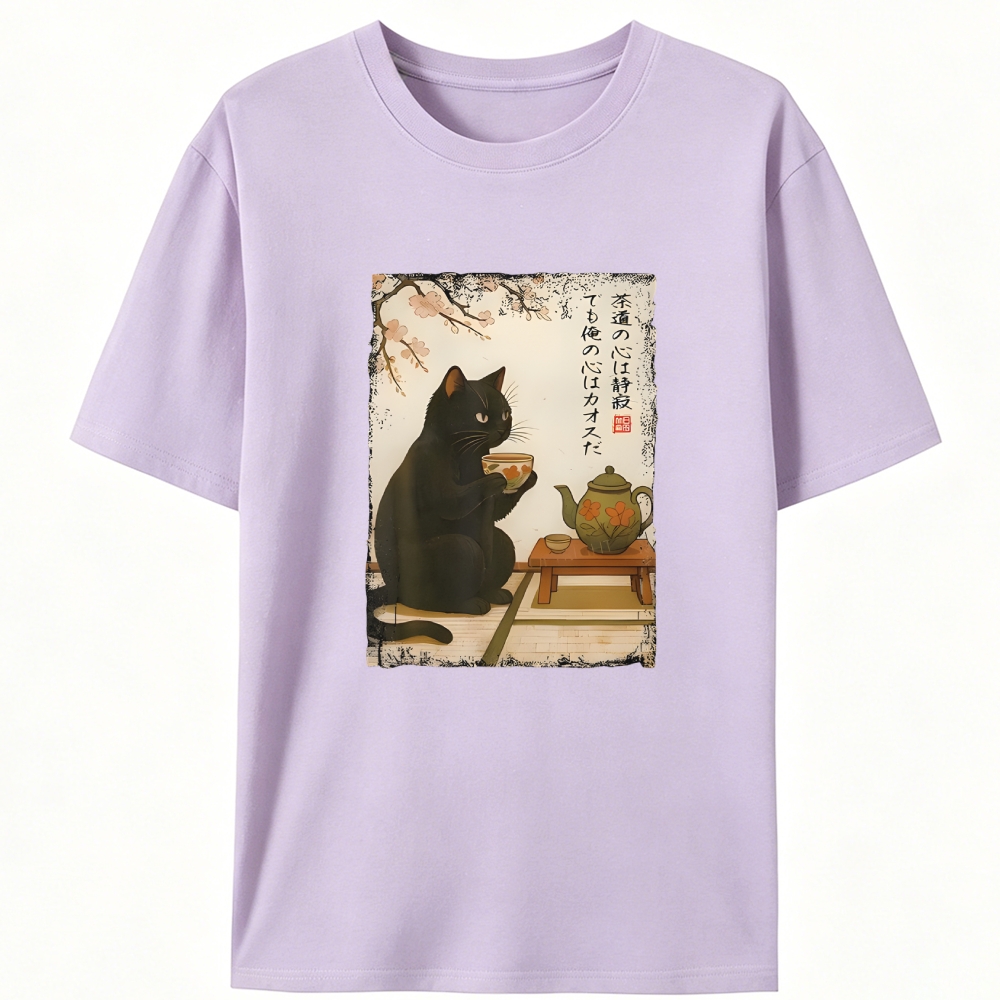 Tea Ceremony Black Cat Retro Designed for Women - Slim Fit Cotton Tee