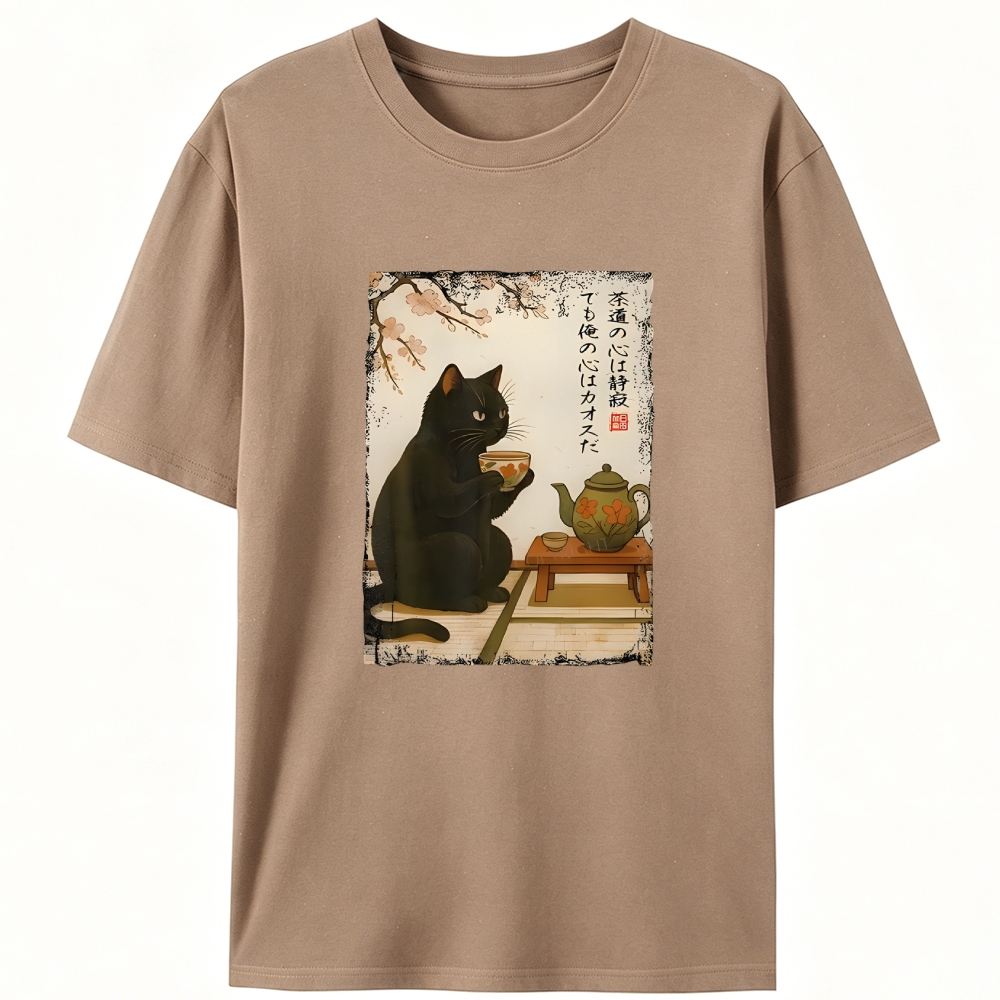 Tea Ceremony Black Cat Retro Designed for Women - Slim Fit Cotton Tee