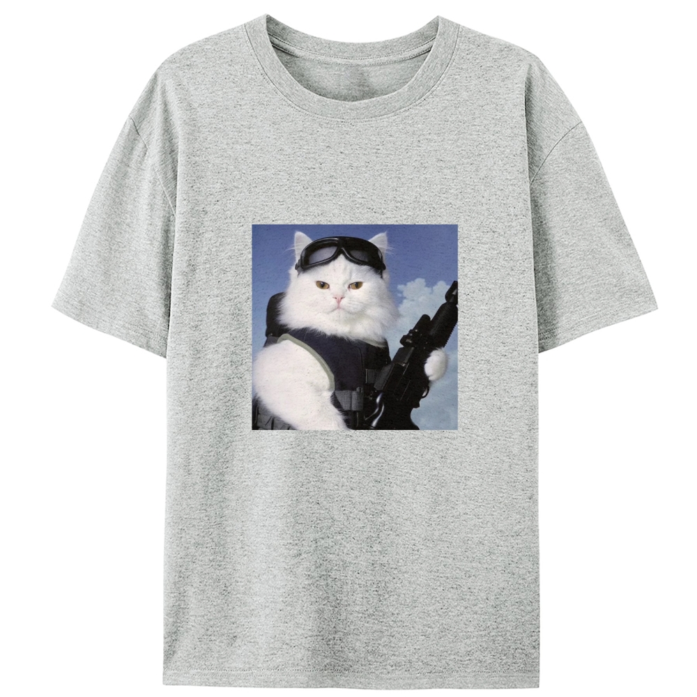 Tactical White Cat Retro Designed for Women - Slim Fit Cotton Tee