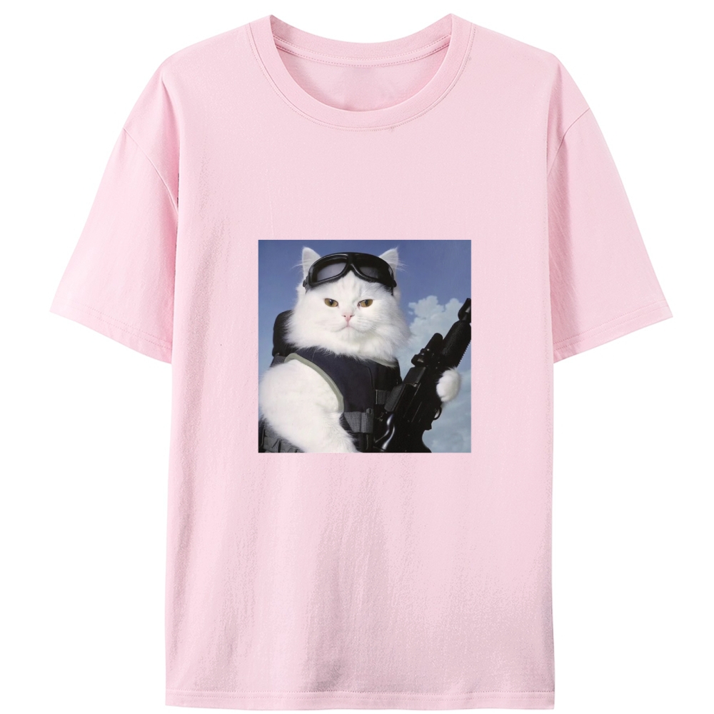 Tactical White Cat Retro Designed for Women - Slim Fit Cotton Tee