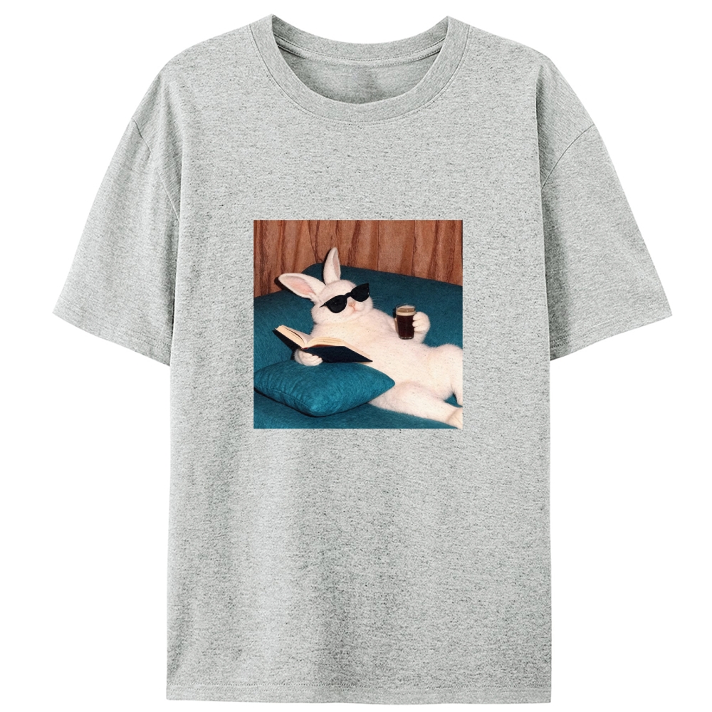 Book & Coffee Bunny Retro Designed for Women - Slim Fit Cotton Tee
