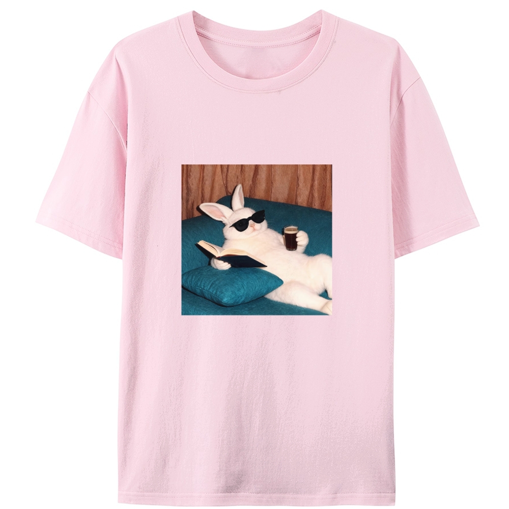 Book & Coffee Bunny Retro Designed for Women - Slim Fit Cotton Tee