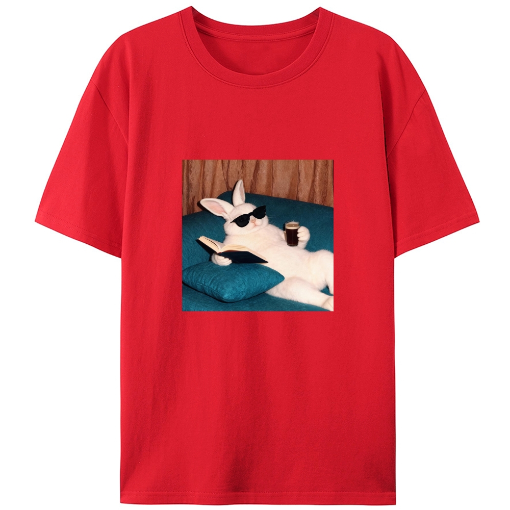 Book & Coffee Bunny Retro Designed for Women - Slim Fit Cotton Tee