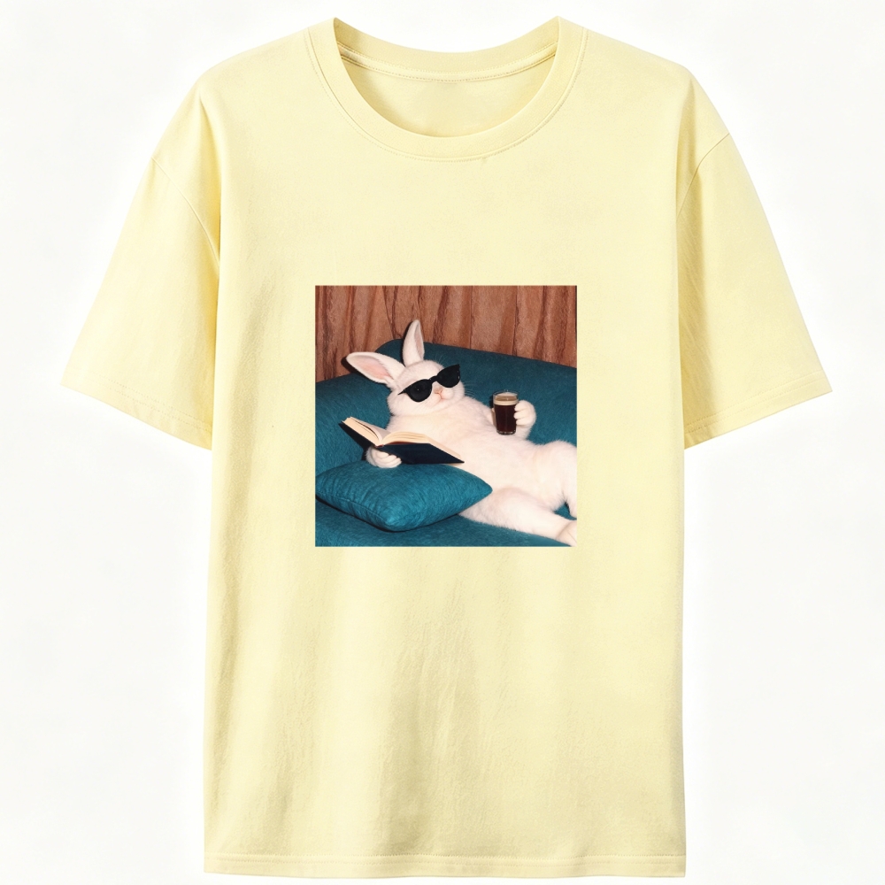 Book & Coffee Bunny Retro Designed for Women - Slim Fit Cotton Tee