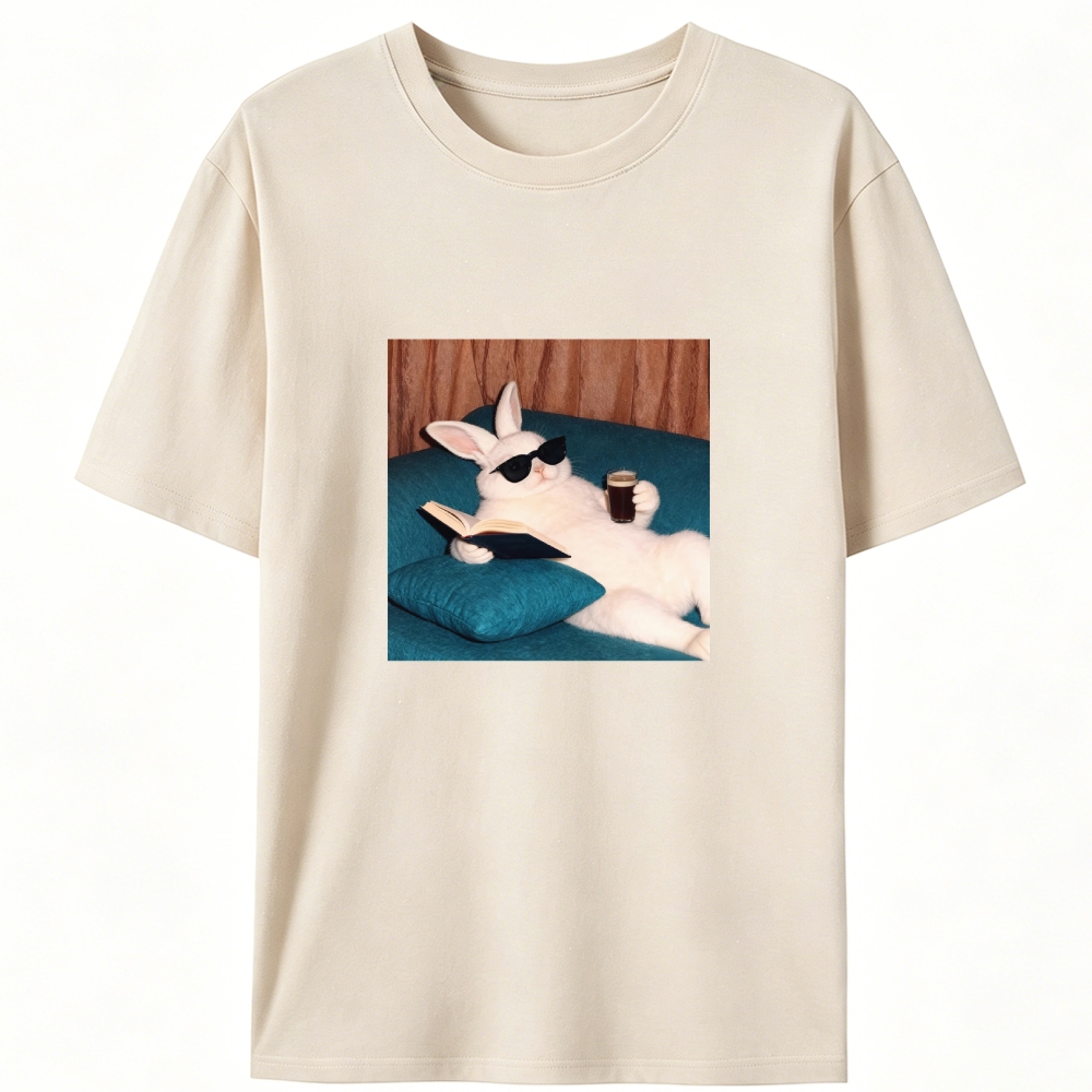 Book & Coffee Bunny Retro Designed for Women - Slim Fit Cotton Tee