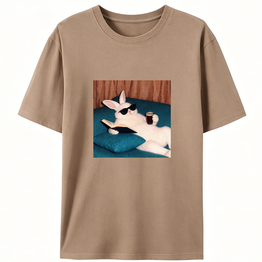 Book & Coffee Bunny Retro Designed for Women - Slim Fit Cotton Tee