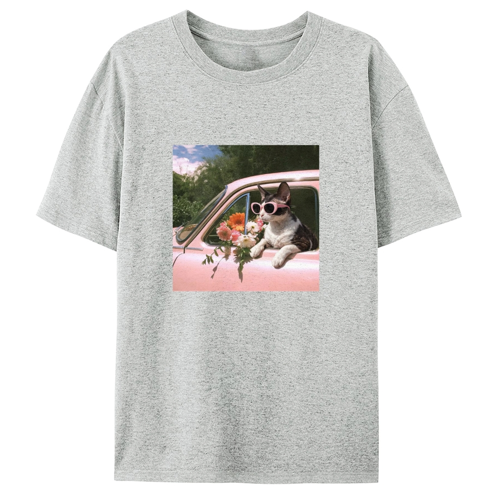 Pink Car Flower Cat Retro Designed for Women - Slim Fit Cotton Tee