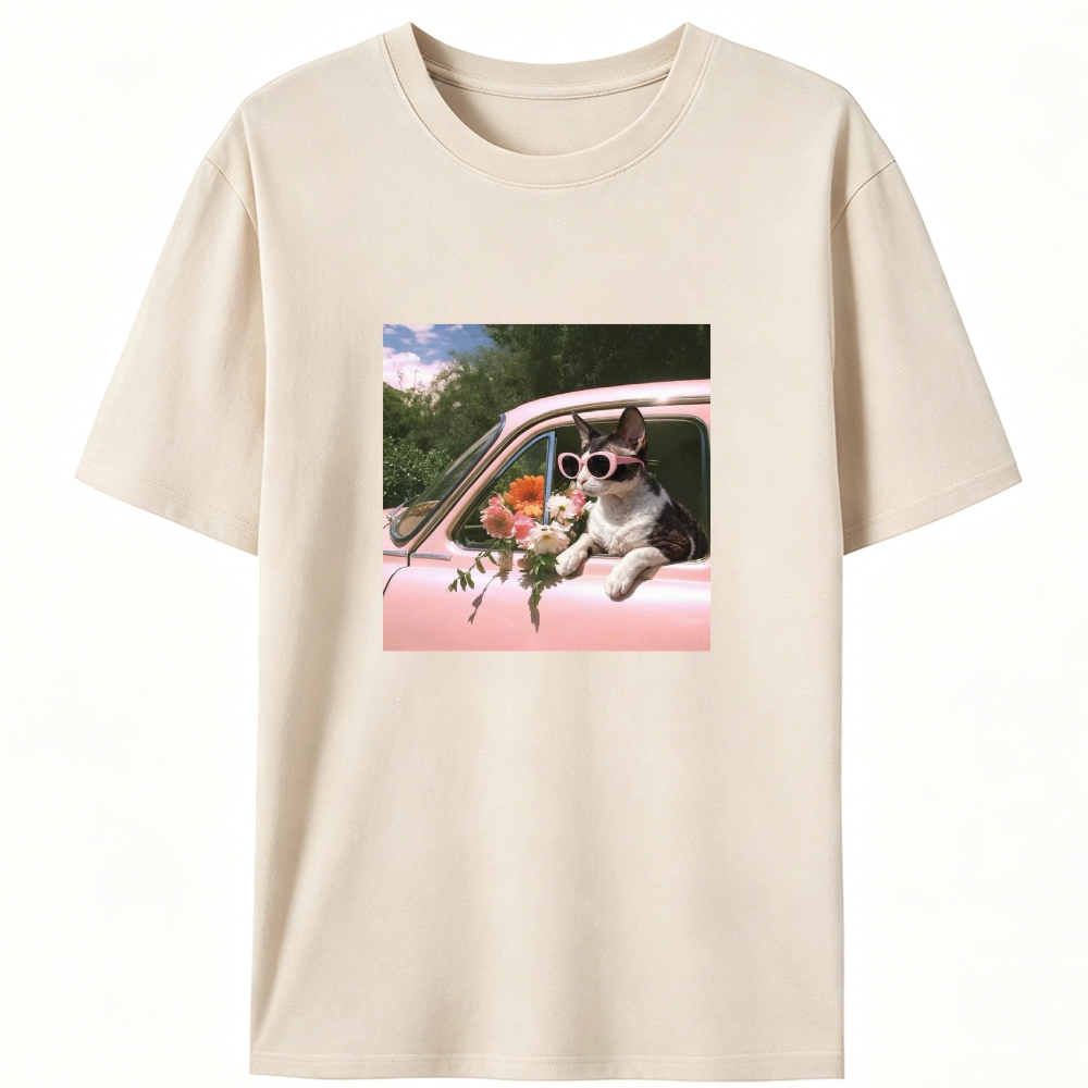 Pink Car Flower Cat Retro Designed for Women - Slim Fit Cotton Tee