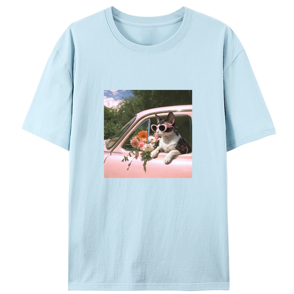 Pink Car Flower Cat Retro Designed for Women - Slim Fit Cotton Tee
