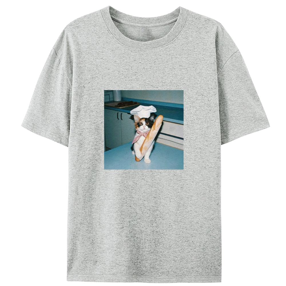 Calico Cat Chef Baguette Graphic Designed for Women - Slim Fit Cotton Tee