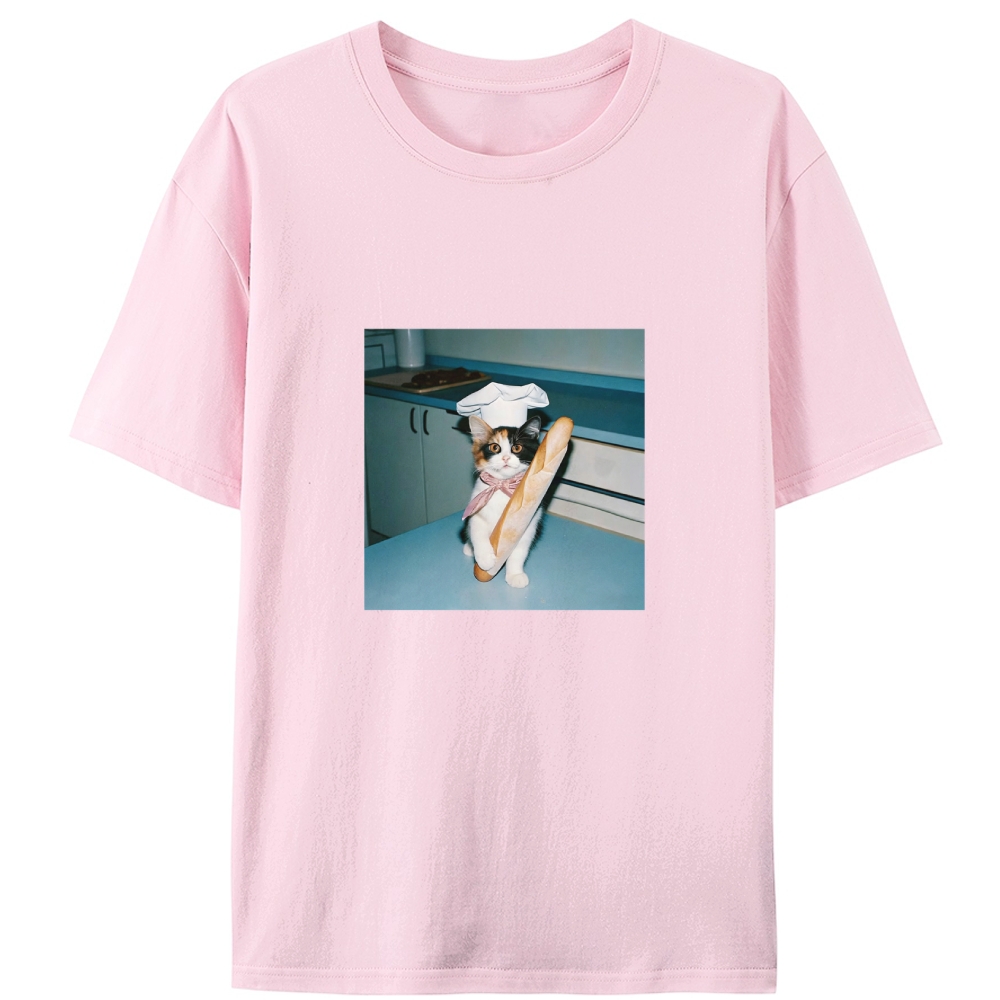 Calico Cat Chef Baguette Graphic Designed for Women - Slim Fit Cotton Tee
