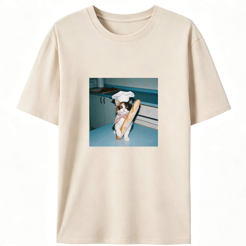 Calico Cat Chef Baguette Graphic Designed for Women - Slim Fit Cotton Tee
