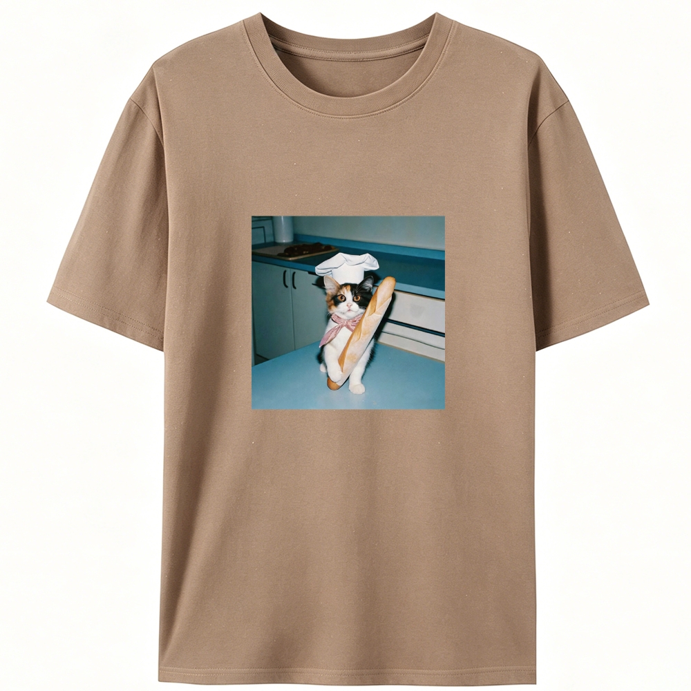 Calico Cat Chef Baguette Graphic Designed for Women - Slim Fit Cotton Tee