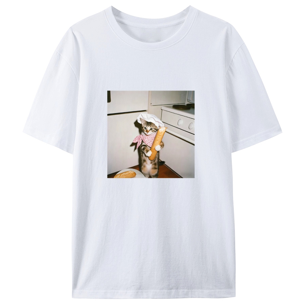Striped Cat Chef Baguette Graphic Designed for Women - Slim Fit Cotton Tee