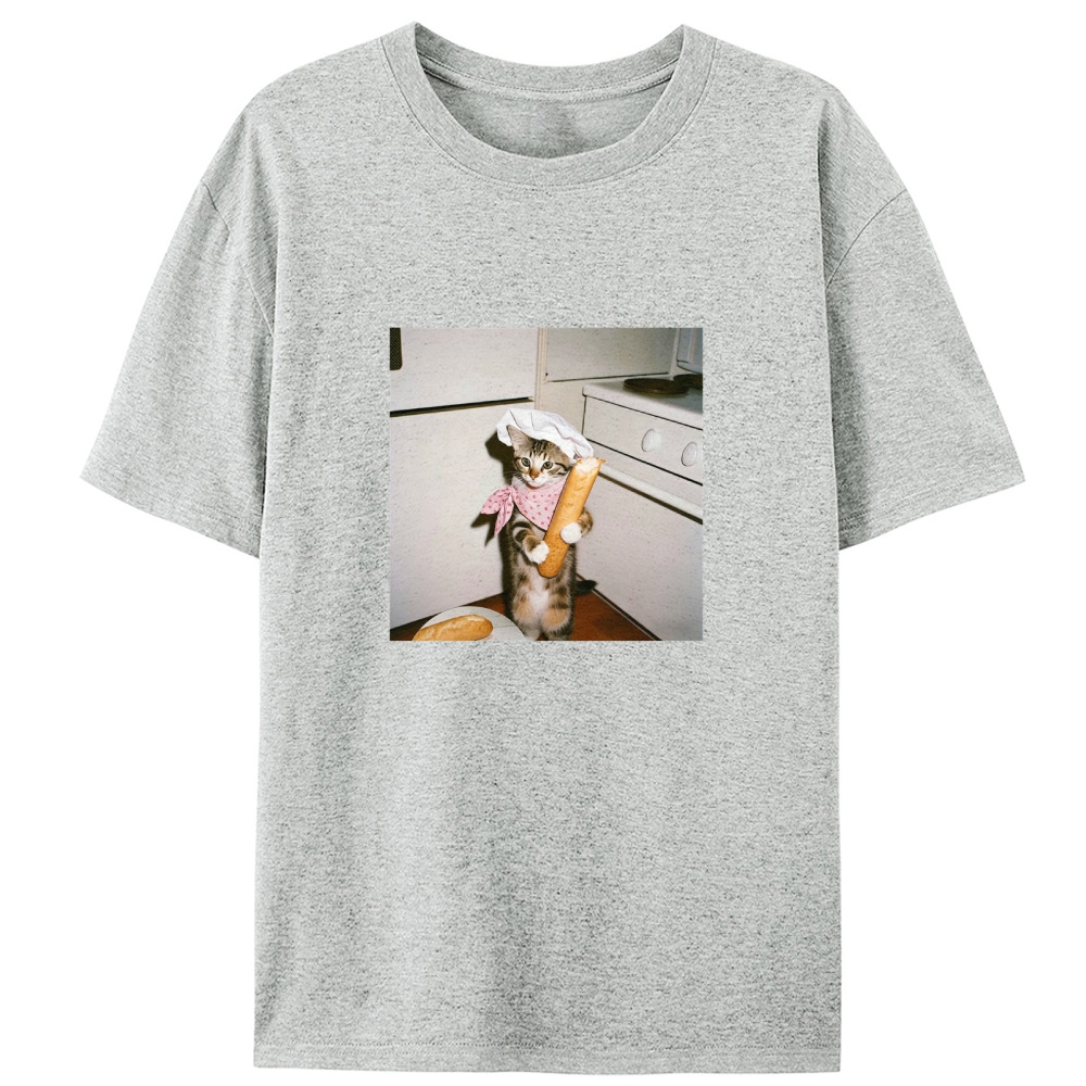 Striped Cat Chef Baguette Graphic Designed for Women - Slim Fit Cotton Tee