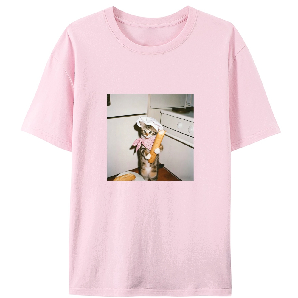 Striped Cat Chef Baguette Graphic Designed for Women - Slim Fit Cotton Tee