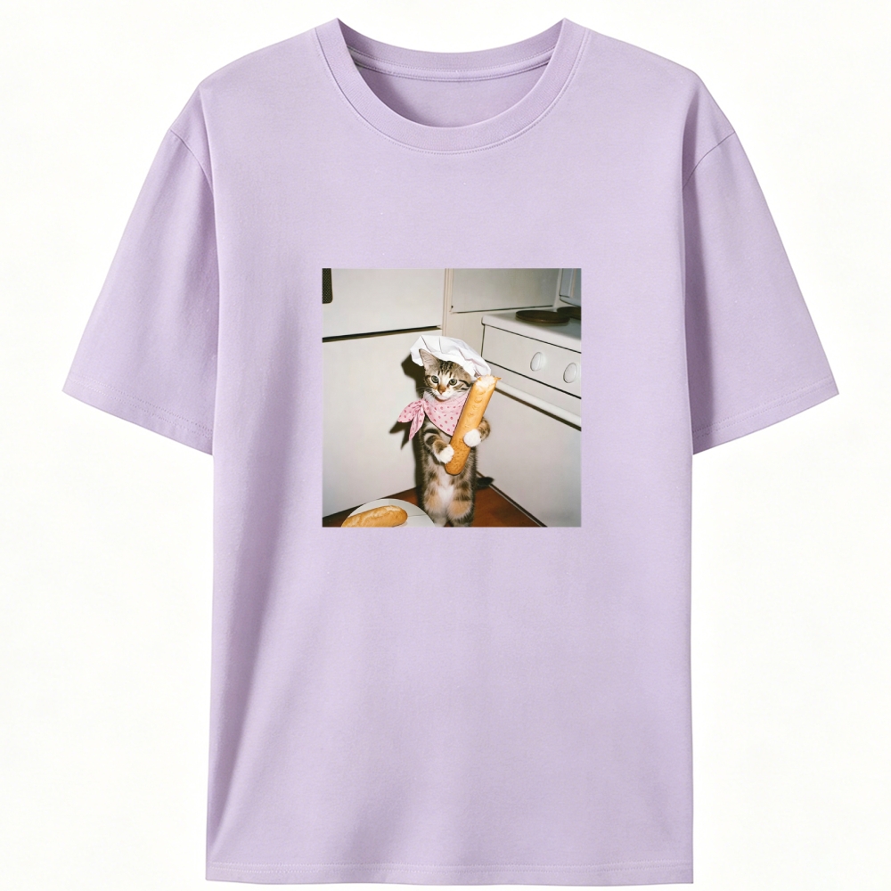 Striped Cat Chef Baguette Graphic Designed for Women - Slim Fit Cotton Tee