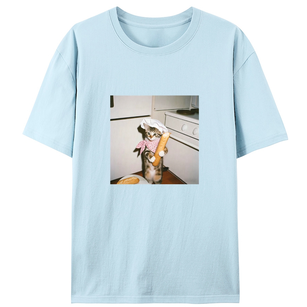 Striped Cat Chef Baguette Graphic Designed for Women - Slim Fit Cotton Tee