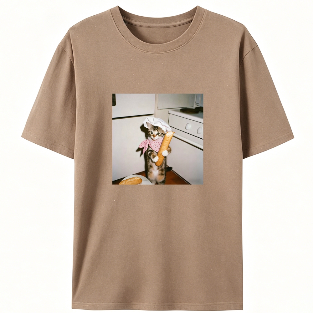 Striped Cat Chef Baguette Graphic Designed for Women - Slim Fit Cotton Tee