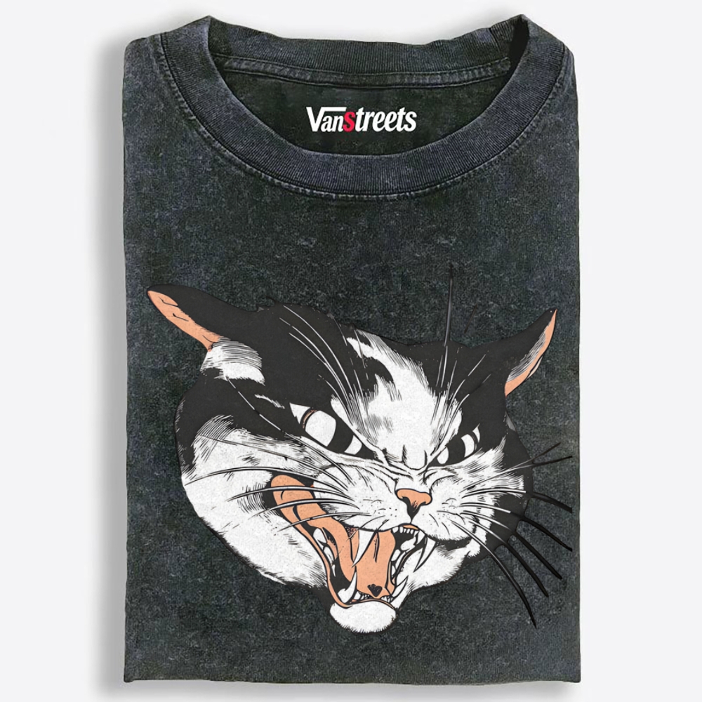 Angry Cat Face Retro Washed T-Shirt | 100% Cotton | Streetwear Essential