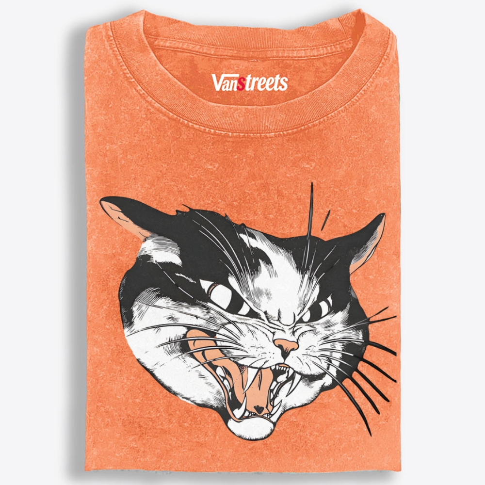Angry Cat Face Retro Washed T-Shirt | 100% Cotton | Streetwear Essential