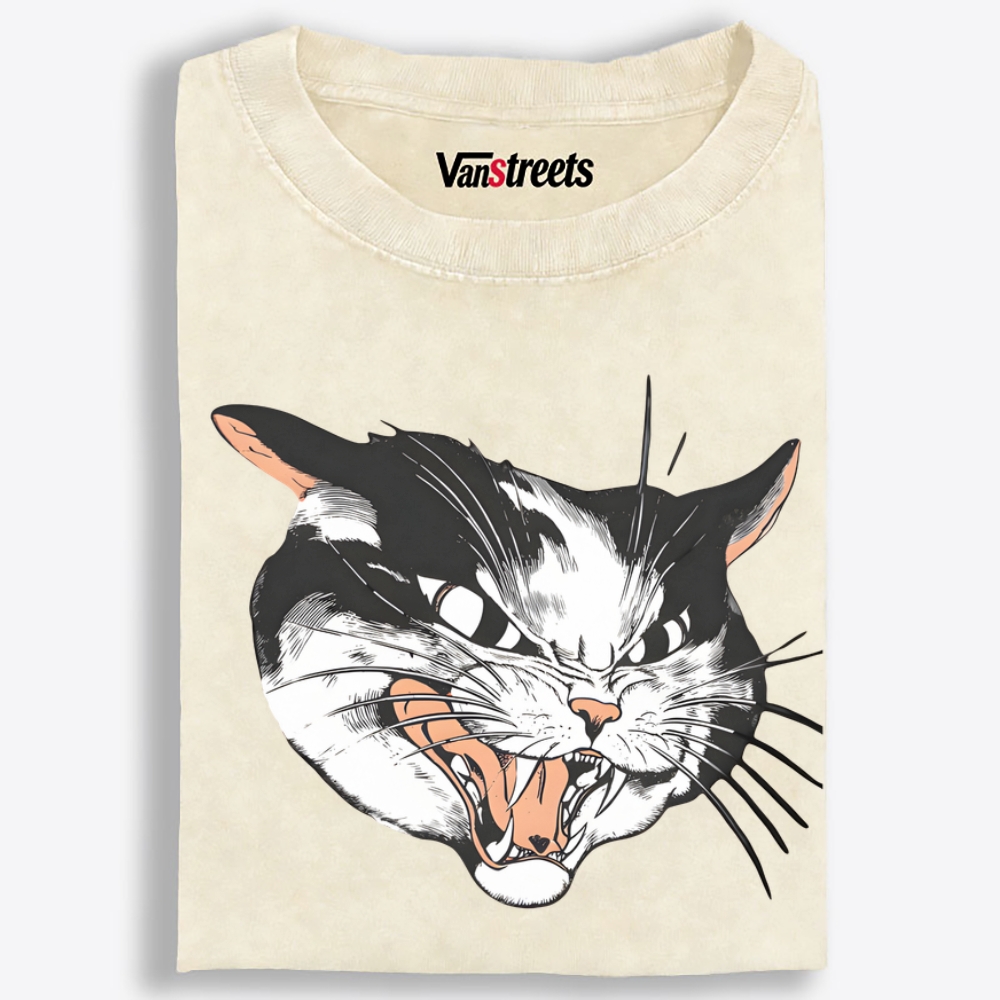 Angry Cat Face Retro Washed T-Shirt | 100% Cotton | Streetwear Essential