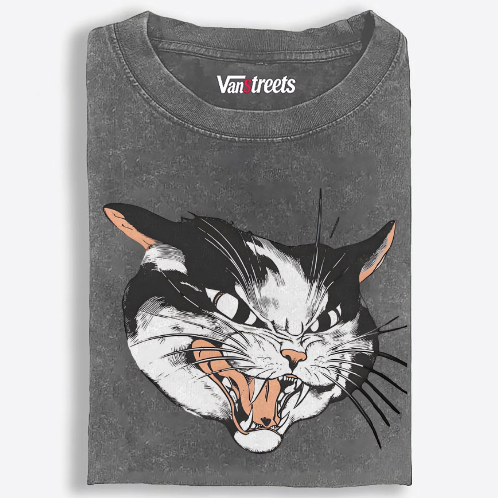 Angry Cat Face Retro Washed T-Shirt | 100% Cotton | Streetwear Essential