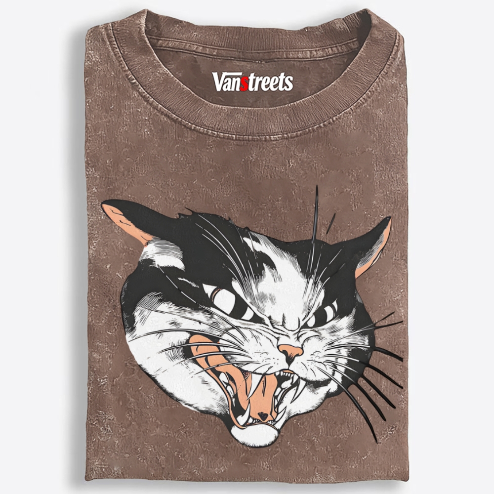 Angry Cat Face Retro Washed T-Shirt | 100% Cotton | Streetwear Essential