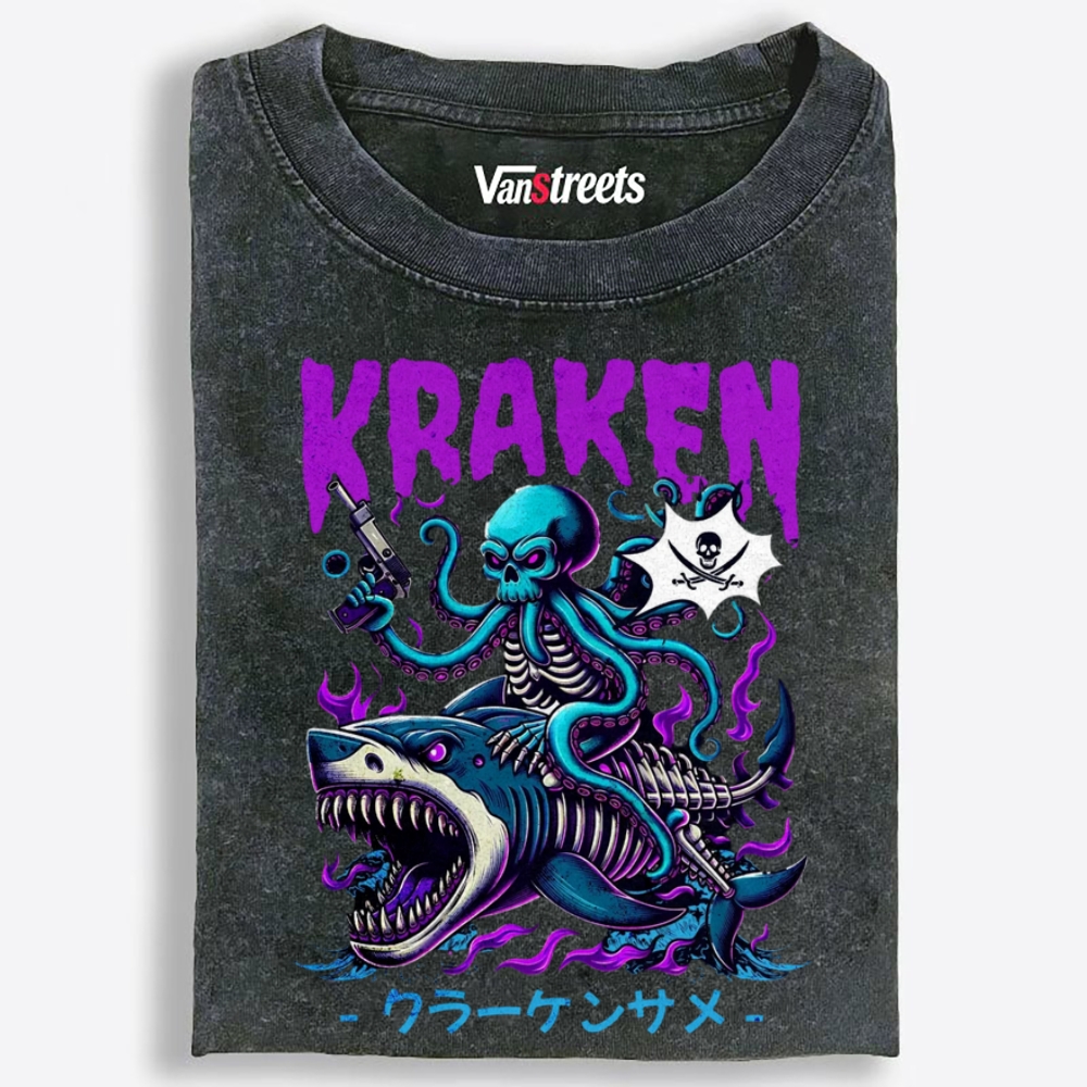 Kraken Bone Shark Retro Washed T-Shirt | 100% Cotton | Streetwear Essential