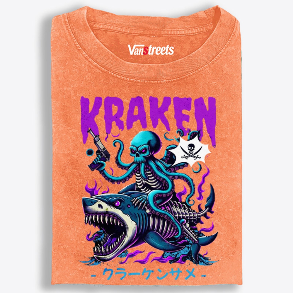 Kraken Bone Shark Retro Washed T-Shirt | 100% Cotton | Streetwear Essential