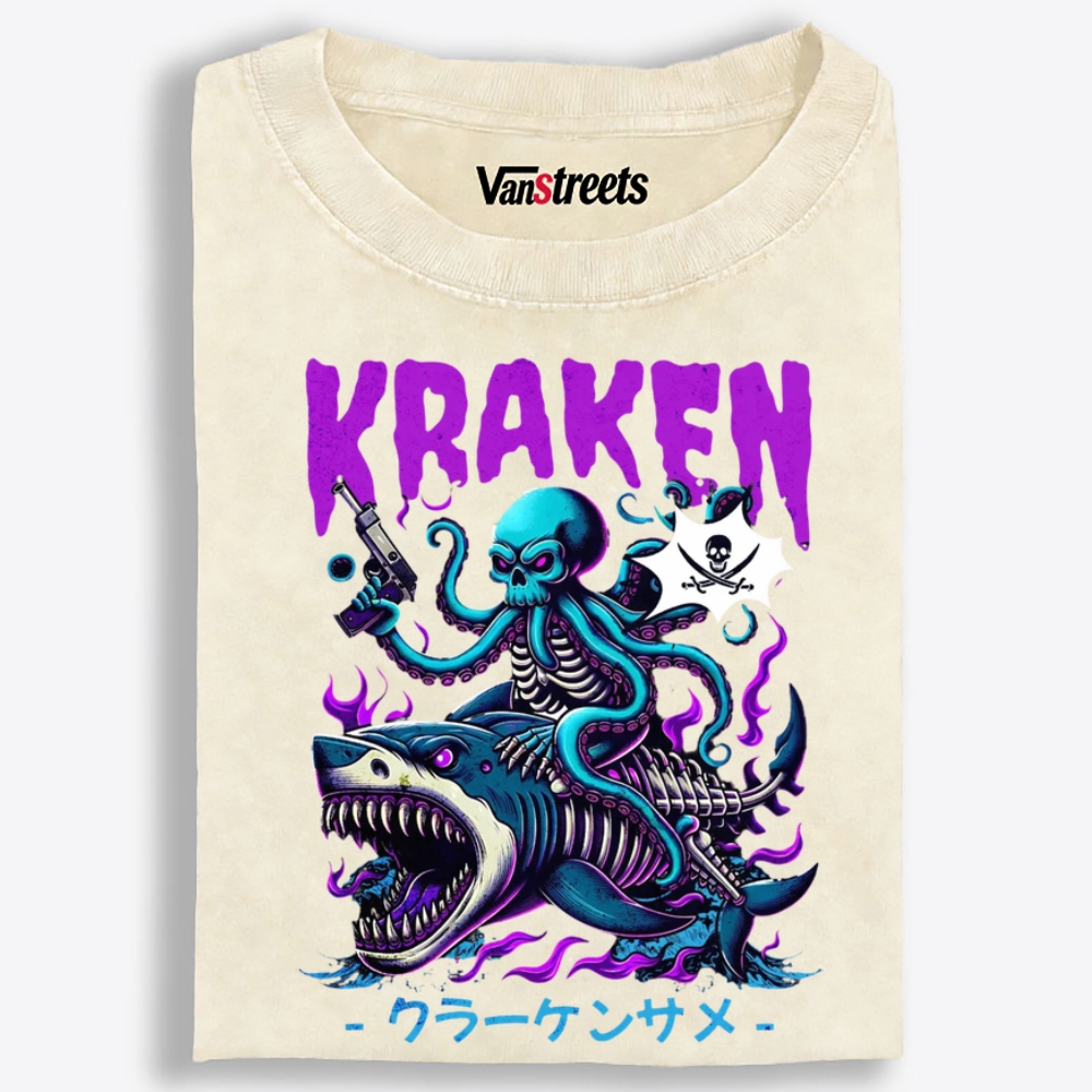 Kraken Bone Shark Retro Washed T-Shirt | 100% Cotton | Streetwear Essential