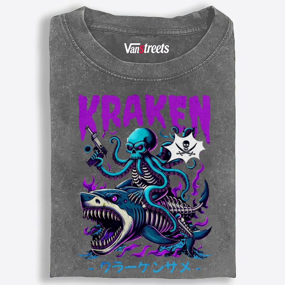 Kraken Bone Shark Retro Washed T-Shirt | 100% Cotton | Streetwear Essential