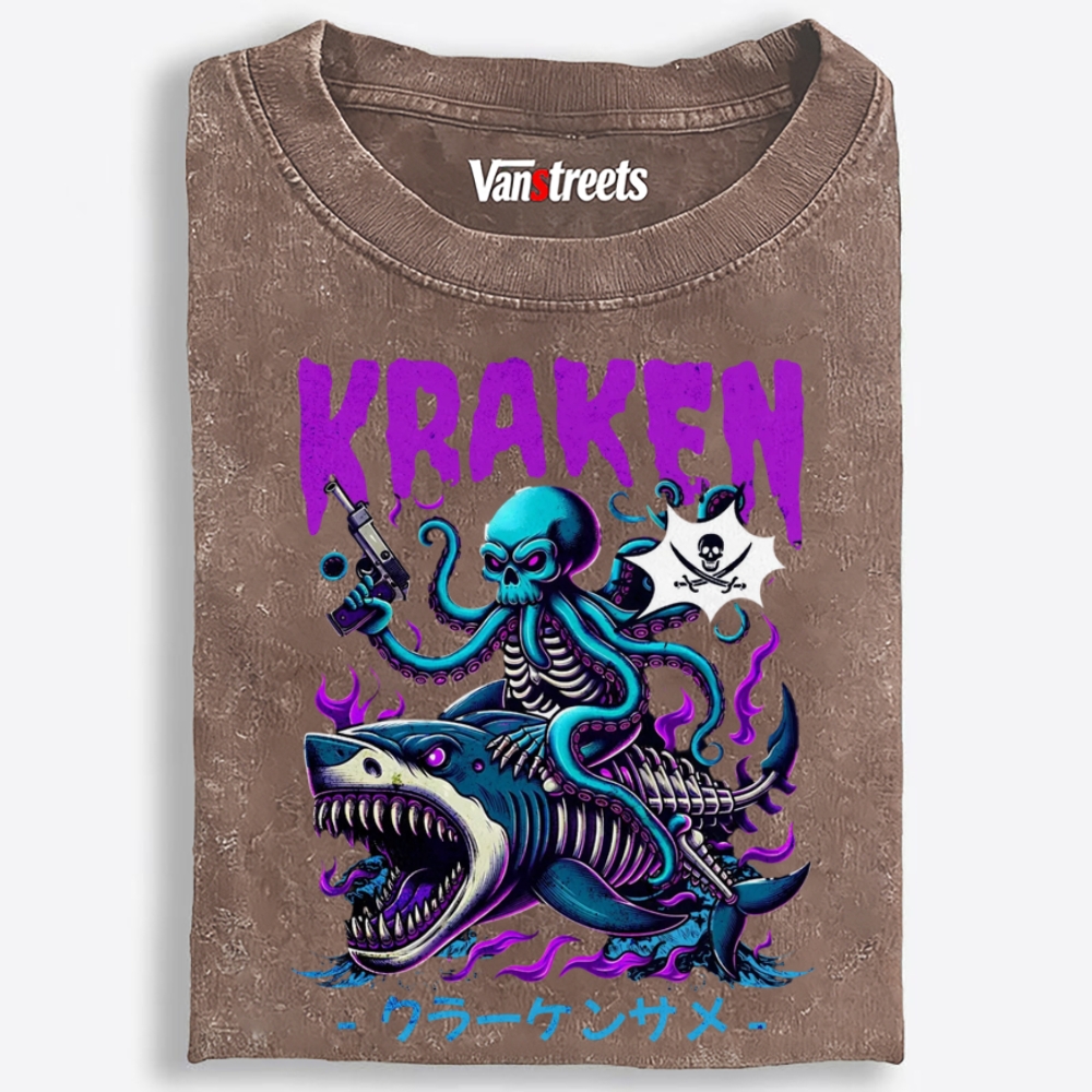Kraken Bone Shark Retro Washed T-Shirt | 100% Cotton | Streetwear Essential