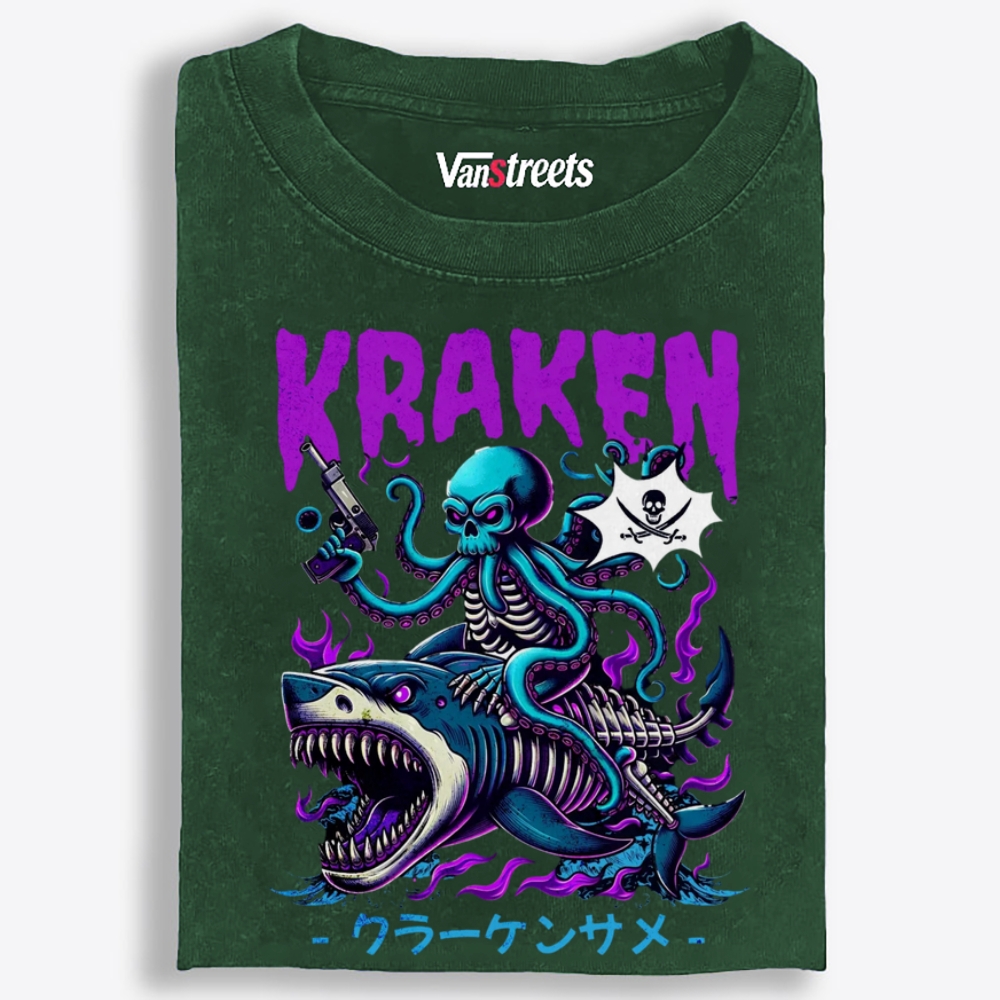 Kraken Bone Shark Retro Washed T-Shirt | 100% Cotton | Streetwear Essential