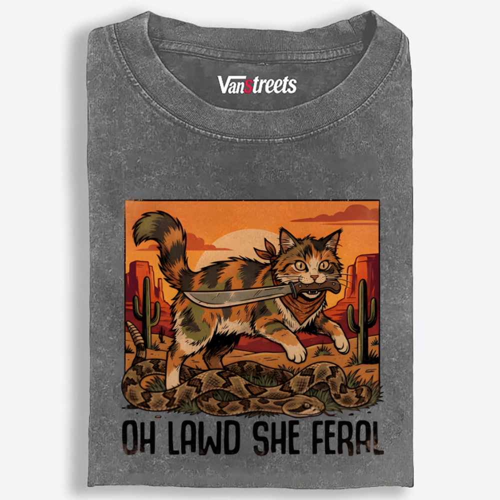 Oh Lawd She Feral Retro Washed T-Shirt | 100% Cotton | Streetwear Essential