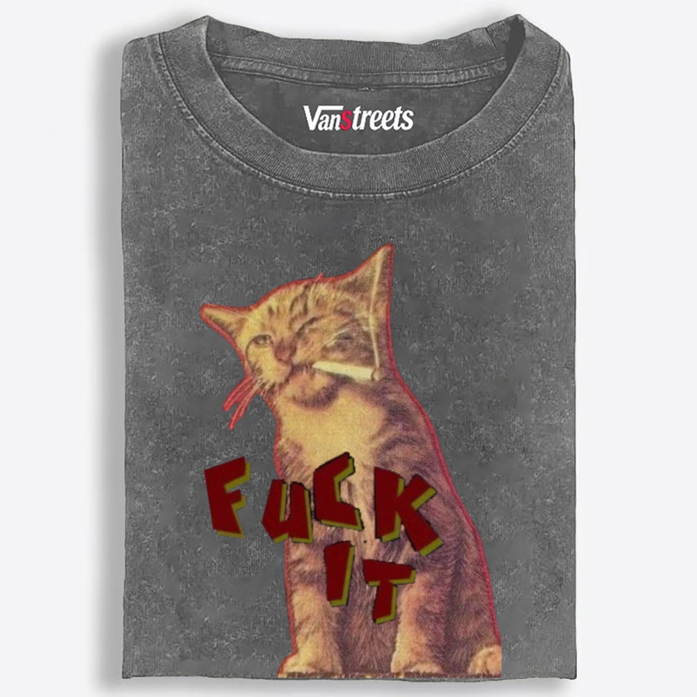Retro "Fuck It" Smoking Cat Graphic Washed T-Shirt | 100% Cotton | Streetwear Essential