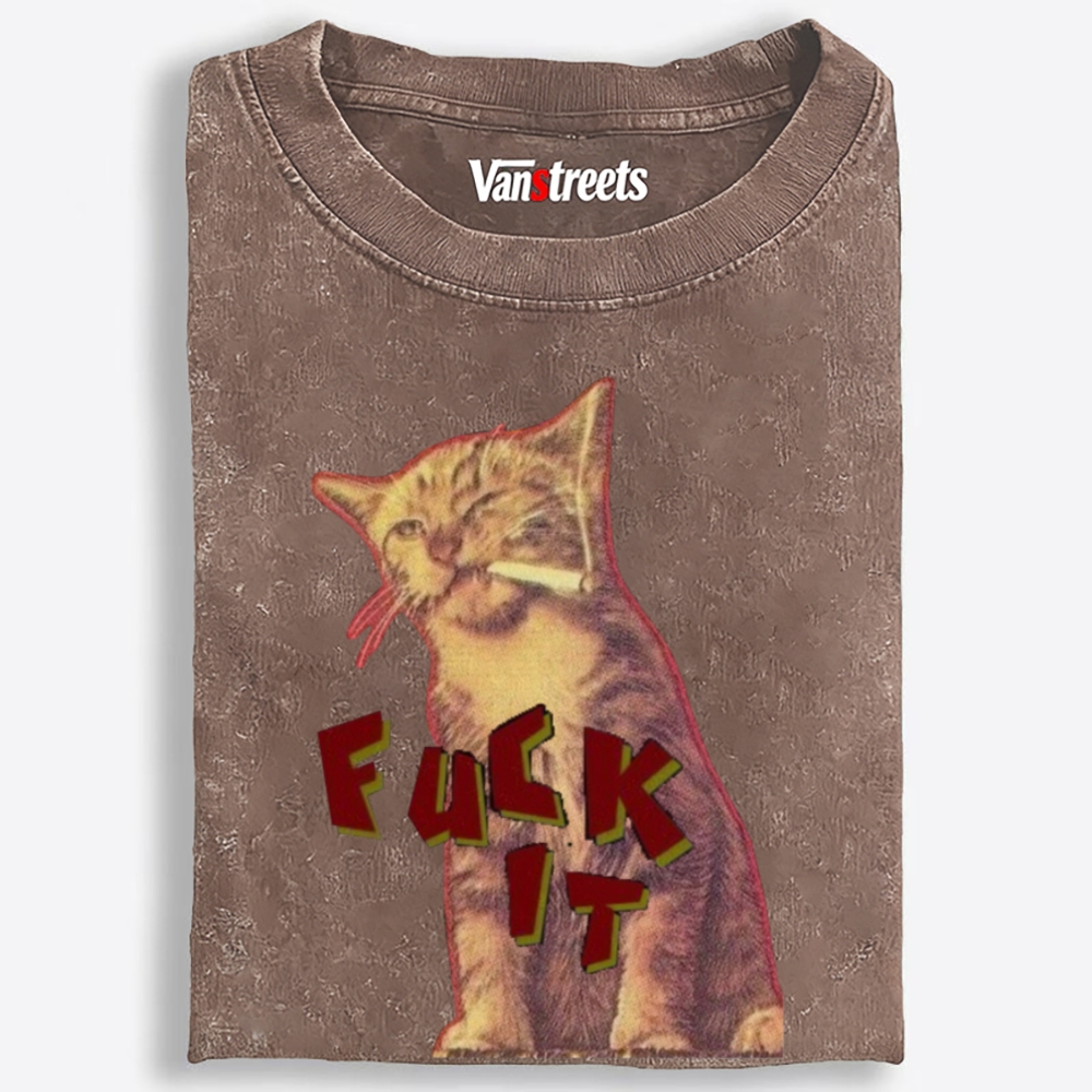 Retro "Fuck It" Smoking Cat Graphic Washed T-Shirt | 100% Cotton | Streetwear Essential