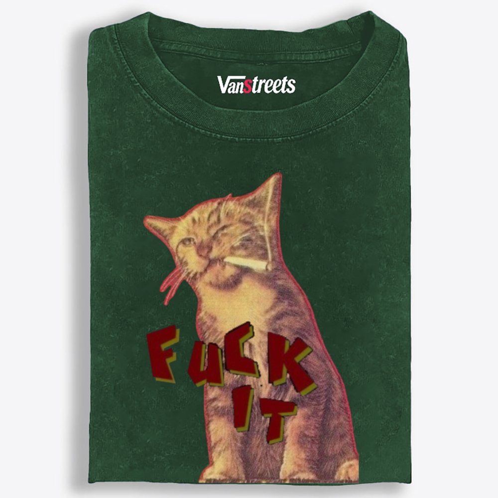 Retro "Fuck It" Smoking Cat Graphic Washed T-Shirt | 100% Cotton | Streetwear Essential