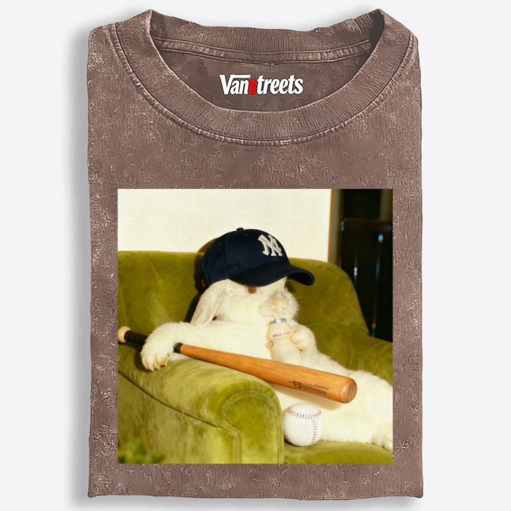 Baseball Rabbit With Bat NY Yankees Retro Washed T-Shirt | 100% Cotton | Streetwear Essential