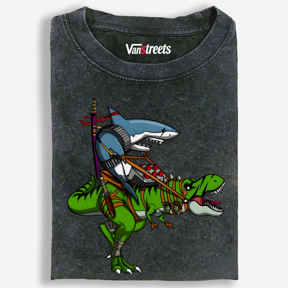 Shark Riding T-Rex Retro Washed T-Shirt | 100% Cotton | Streetwear Essential