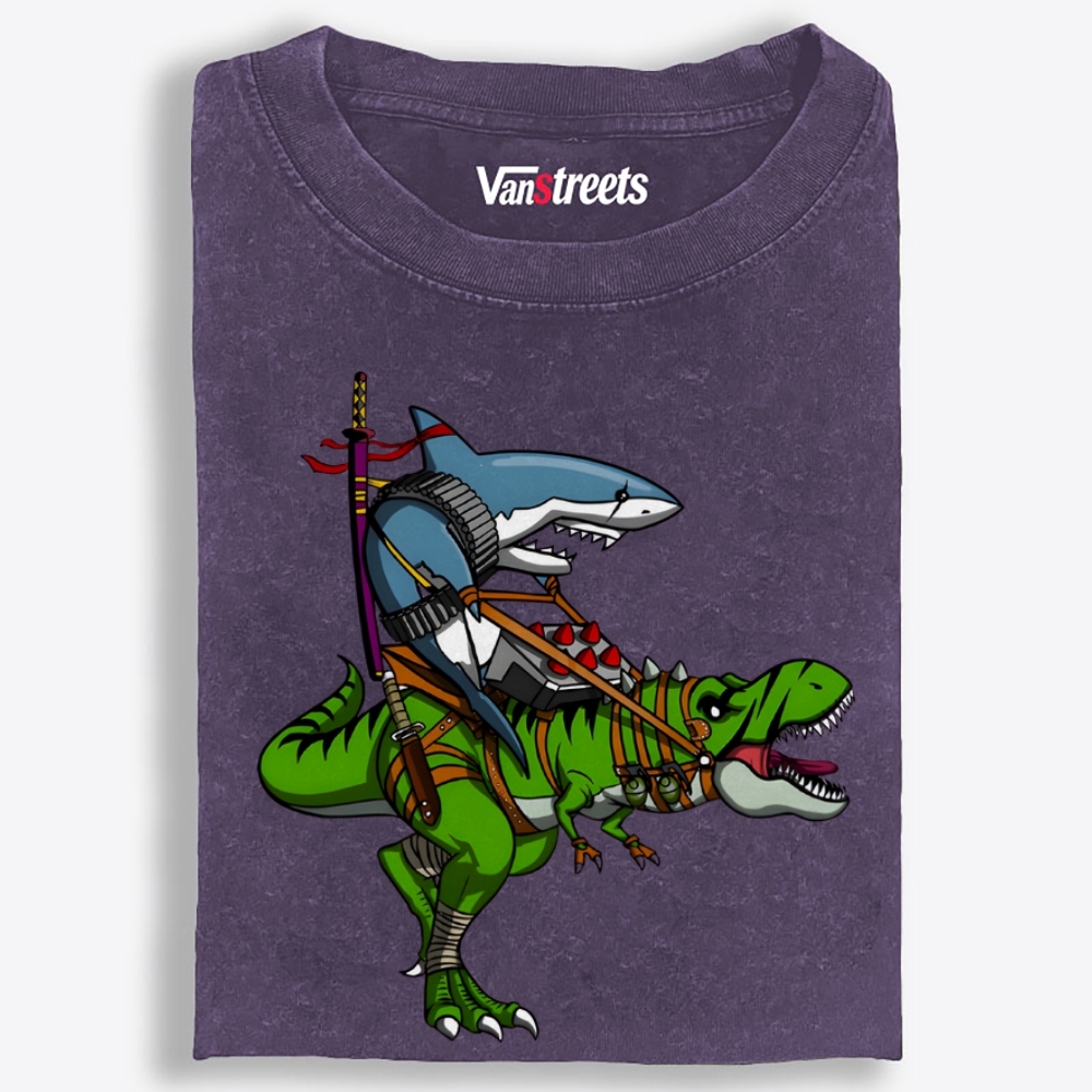 Shark Riding T-Rex Retro Washed T-Shirt | 100% Cotton | Streetwear Essential